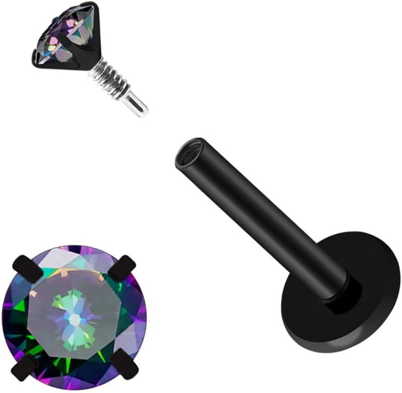 Kiethleasa Store قرط مويسانيت 16G 18G لون D نقاء VVS1، أقراط مسطحة ذات خيوط داخلية من التيتانيوم G23، مجوهرات ثقب فضية سوداء لثقب التراجي، الحلزون، والغضروف، لؤلؤة أنف مضادة للحساسية للنساء والرجال 1PCS - Image 1